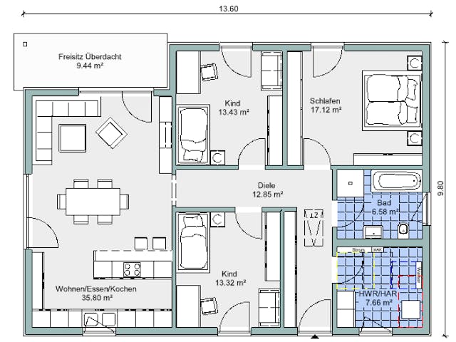 Fertighaus Bestseller Komfort 116 von BoHolz Haus Schlüsselfertig ab 374551€, Bungalow Grundriss 1
