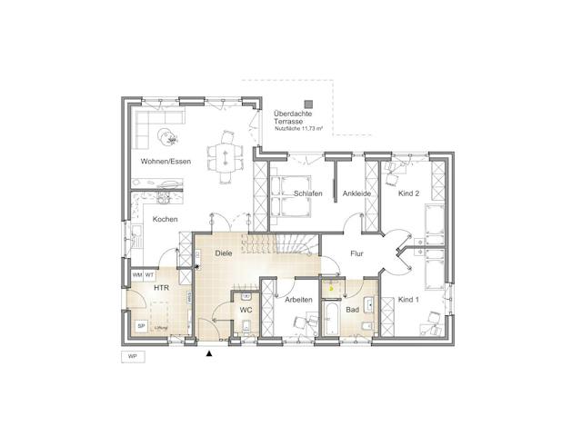 Massivhaus WINKELBUNGALOW 220 von Kähler Massivhaus Schlüsselfertig ab 484620€, Bungalow Grundriss 1