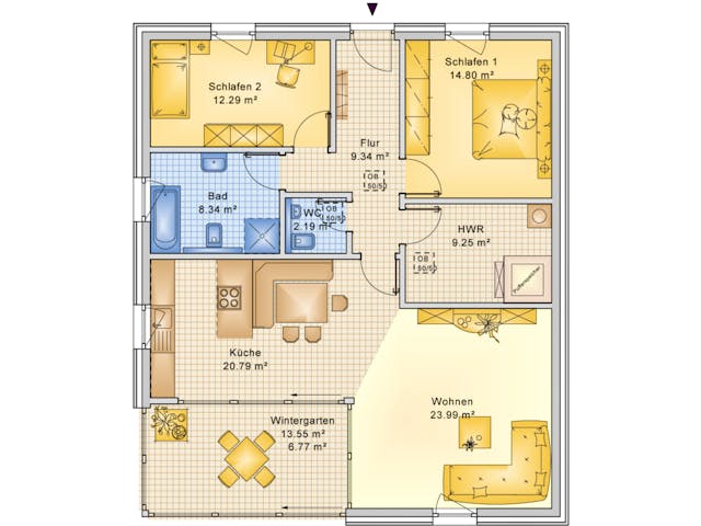 Fertighaus Planungsbeispiel 108H10 von Bio-Solar-Haus Schlüsselfertig ab 371260€, Bungalow Grundriss 1