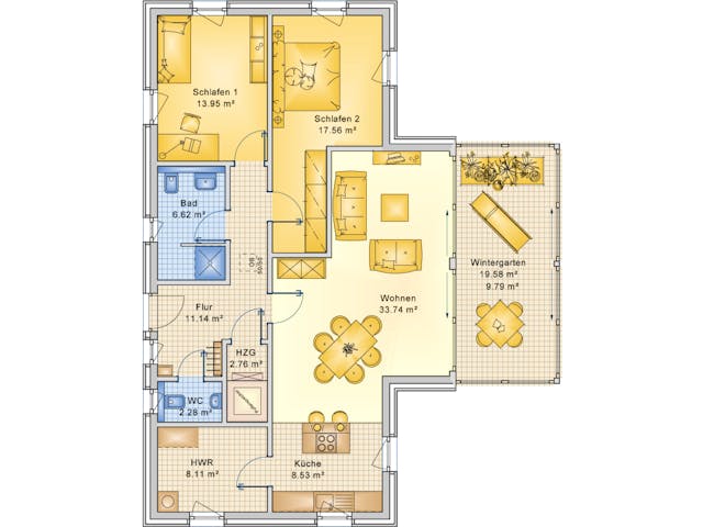 Fertighaus Planungsbeispiel 114H10 von Bio-Solar-Haus Schlüsselfertig ab 354660€, Bungalow Grundriss 1