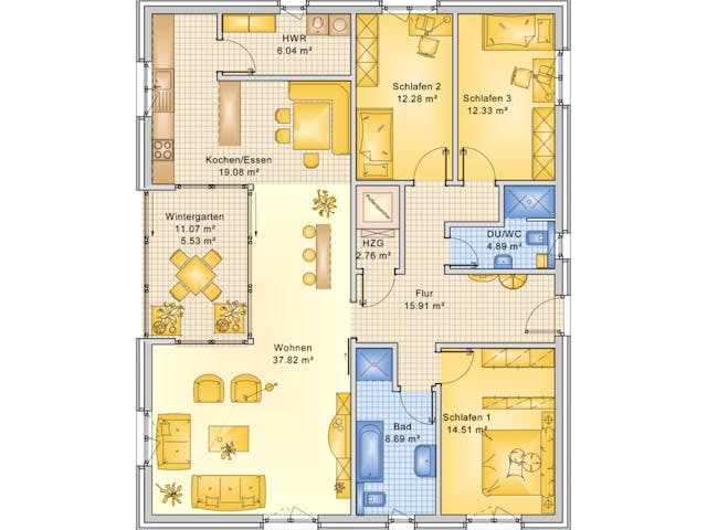 Fertighaus Planungsbeispiel 132H10 von Bio-Solar-Haus Schlüsselfertig ab 376735€, Bungalow Grundriss 1