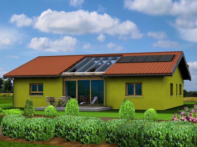 Fertighaus Planungsbeispiel 140H10 von Bio-Solar-Haus Schlüsselfertig ab 374849€, Bungalow Außenansicht 1 Fertighaus Planungsbeispiel 140H10 von Bio-Solar-Haus Schlüsselfertig ab 374849€, Bungalow Außenansicht 1