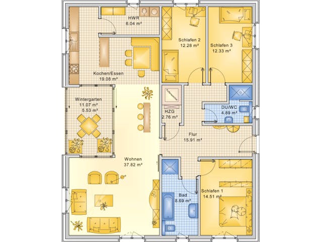 Fertighaus Planungsbeispiel 140H10 von Bio-Solar-Haus Schlüsselfertig ab 374849€, Bungalow Grundriss 1