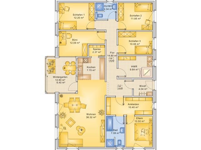 Fertighaus Planungsbeispiel 160H10 von Bio-Solar-Haus Schlüsselfertig ab 485536€, Bungalow Grundriss 1