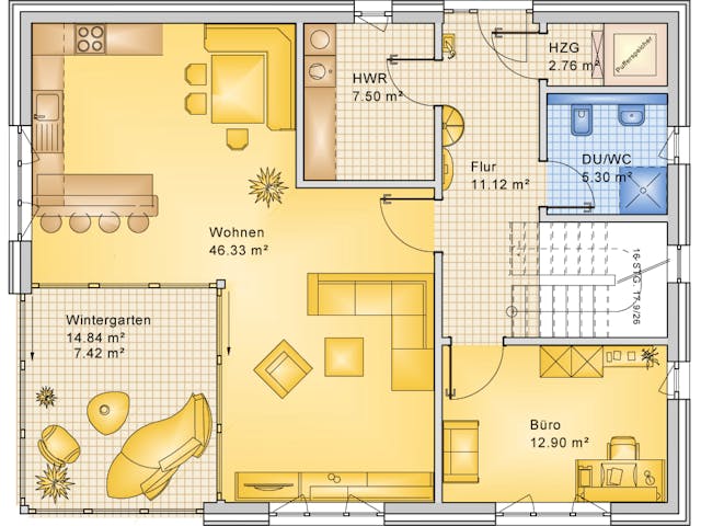 Fertighaus Planungsbeispiel 183H20 von Bio-Solar-Haus Schlüsselfertig ab 508386€, Satteldach-Klassiker Grundriss 1