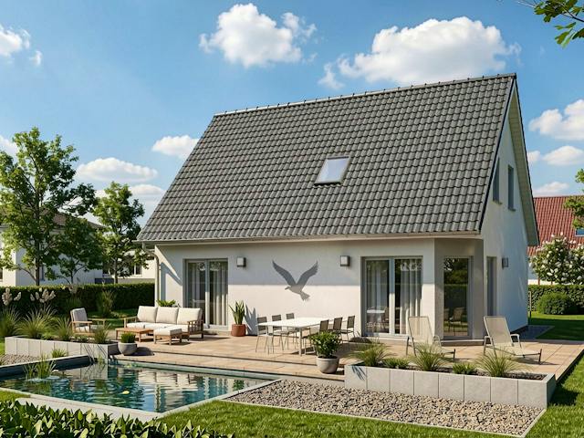 Massivhaus Dierhagen 138 von TIMOWA Massivhäuser Schlüsselfertig ab 302900€, Satteldach-Klassiker Außenansicht 1