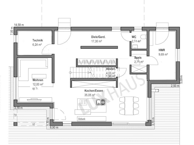 Fertighaus Pultdach Klassik 166 von LUXHAUS, Pultdachhaus Grundriss 1