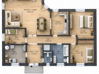 Massivhaus Bungalow W_125 von VARIODOMO Bausysteme Schlüsselfertig ab 303945€, Bungalow Grundriss 1