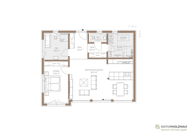 Fertighaus Einfamilienhaus Premium 88 FD von Naturholzhaus Bayern, Bungalow Grundriss 1