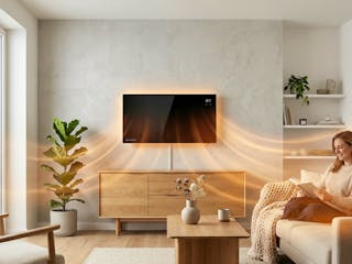 Eine moderne, flache Infrarotheizung in Form eines schwarzen Glaspaneels ist an einer hellen Wand in einem minimalistischen Wohnzimmer im skandinavischen Stil montiert. Sanfte, glühende orangefarbene Wellen strahlen vom Paneel aus und visualisieren die beh