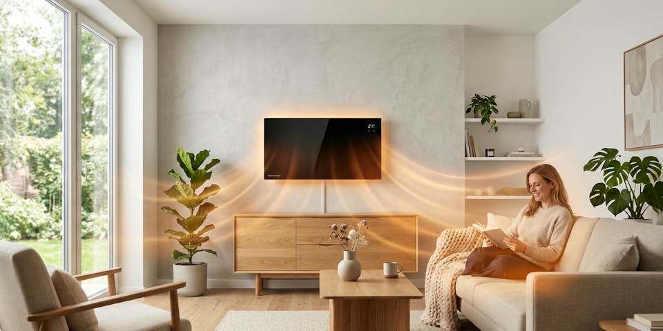 Eine moderne, flache Infrarotheizung in Form eines schwarzen Glaspaneels ist an einer hellen Wand in einem minimalistischen Wohnzimmer im skandinavischen Stil montiert. Sanfte, glühende orangefarbene Wellen strahlen vom Paneel aus und visualisieren die beh