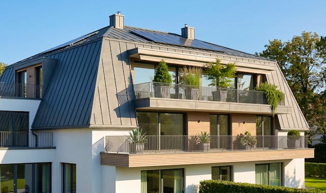 Modernes Mehrfamilienhaus mit Mansarddach, dunkler Stehfalz-Metalleindeckung, Balkonen und Photovoltaikanlage auf der oberen Dachfläche.