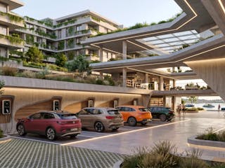 Moderner Mehrfamilienhaus-Parkplatz im Freien mit mehreren Elektrofahrzeugen, die an Ladesäulen angeschlossen sind.