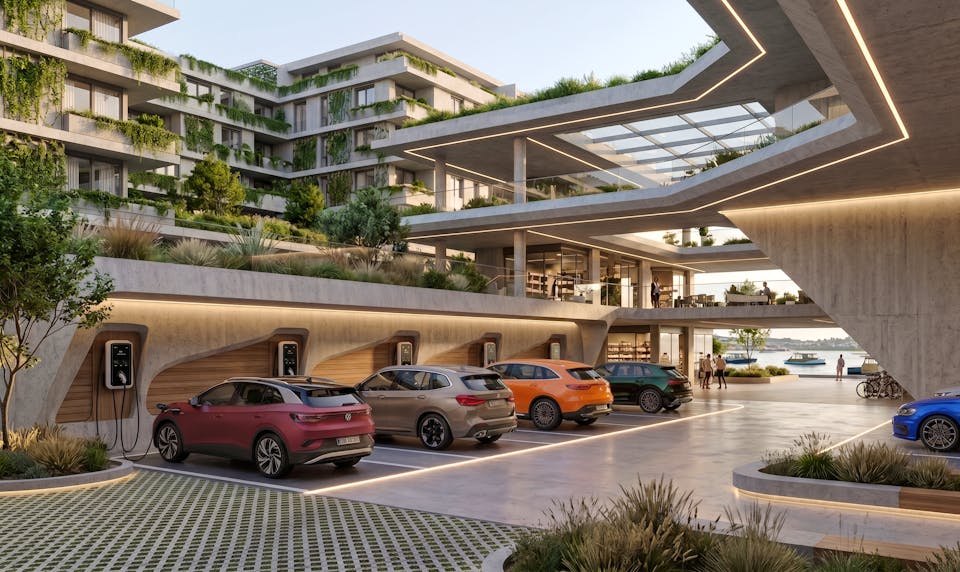 Moderner Mehrfamilienhaus-Parkplatz im Freien mit mehreren Elektrofahrzeugen, die an Ladesäulen angeschlossen sind.