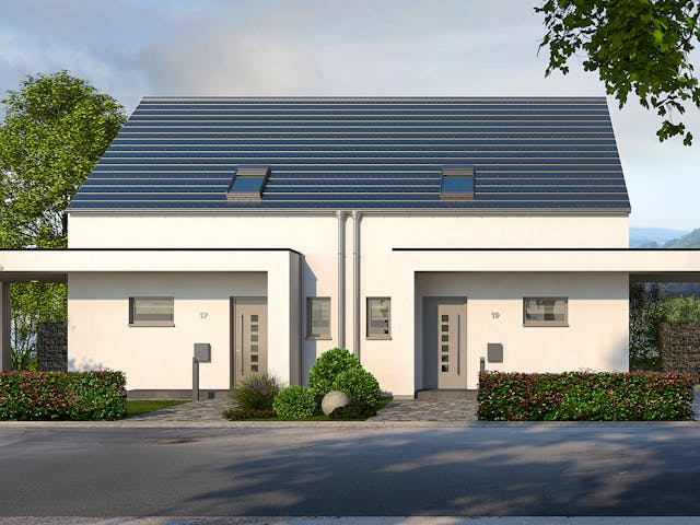 Fertighaus Double 10 von allkauf haus, Satteldach-Klassiker Außenansicht 1 Fertighaus Double 10 von allkauf haus, Satteldach-Klassiker Außenansicht 1