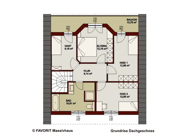 Massivhaus Alpenland 147 von FAVORIT Massivhaus Schlüsselfertig ab 342960€, Satteldach-Klassiker Grundriss 2