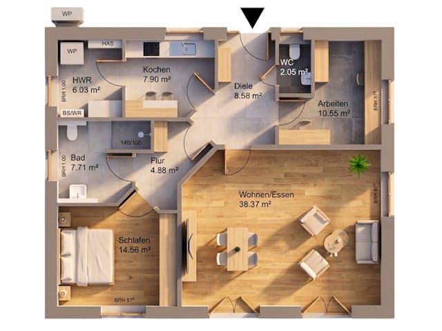 Massivhaus Bungalow 101 von AMR-Wohnbau Schlüsselfertig ab 281000€, Bungalow Grundriss 1