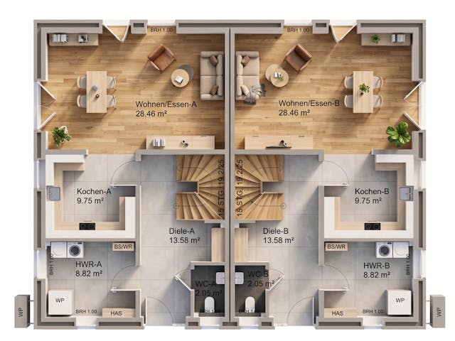 Massivhaus DHH Satteldach von AMR-Wohnbau Schlüsselfertig ab 272000€, Satteldach-Klassiker Grundriss 1