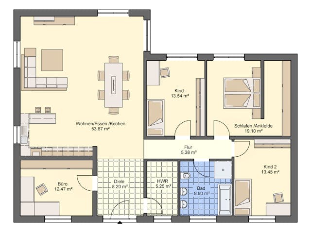 Massivhaus Bungalow 139 von ASL Wohnungsbau Schlüsselfertig ab 327886€, Bungalow Grundriss 1