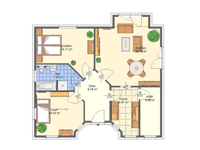 Massivhaus Ginkgo von AVOS Hausbau Schlüsselfertig ab 225000€, Bungalow Grundriss 1