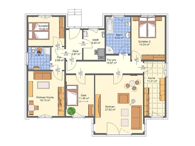 Massivhaus Klatschmohn von AVOS Hausbau Schlüsselfertig ab 318500€, Bungalow Grundriss 1