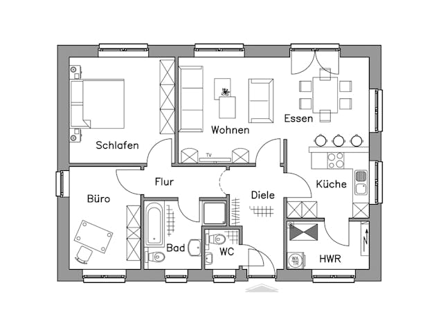 Massivhaus Bungalow BL 80 Basis von Baudirekt, Bungalow Grundriss 1