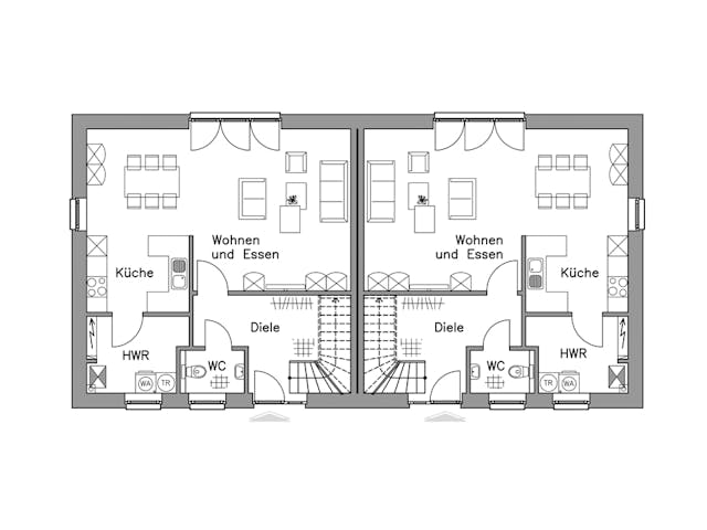 Massivhaus Doppelhaus DH 110 Basis von Baudirekt, Satteldach-Klassiker Grundriss 1