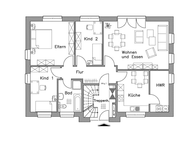 Massivhaus Zweifamilienhaus ZH210 Basis von Baudirekt, Satteldach-Klassiker Grundriss 1