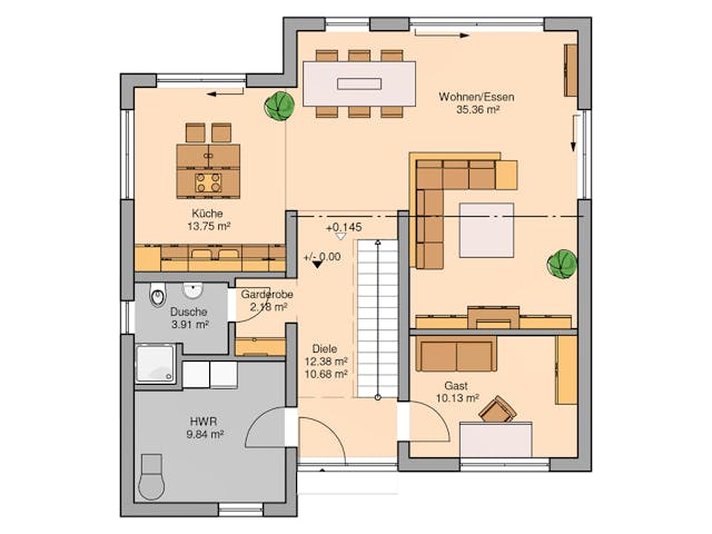 Massivhaus Bauhaus Linea von Kern-Haus Schlüsselfertig ab 452900€, Cubushaus Grundriss 1