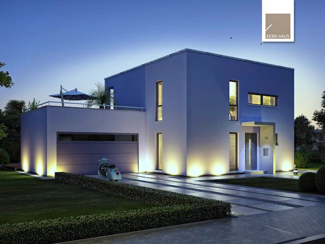 Massivhaus Bauhaus Novum von Kern-Haus Schlüsselfertig ab 339900€, Cubushaus Außenansicht 1