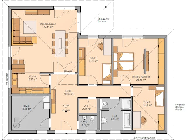 Massivhaus Bungalow Balance von Kern-Haus Schlüsselfertig ab 382900€, Bungalow Grundriss 1