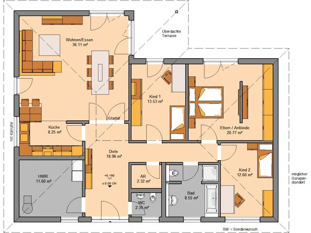 Massivhaus Bungalow Balance von Kern-Haus Schlüsselfertig ab 391900€, Bungalow Grundriss 1