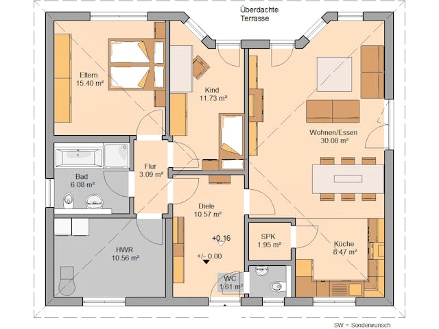 Massivhaus Bungalow Flair von Kern-Haus Schlüsselfertig ab 316900€, Bungalow Grundriss 1 Massivhaus Bungalow Flair von Kern-Haus Schlüsselfertig ab 316900€, Bungalow Grundriss 1