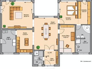 Massivhaus Bungalow Fokus von Kern-Haus Schlüsselfertig ab 495900€, Bungalow Grundriss 1