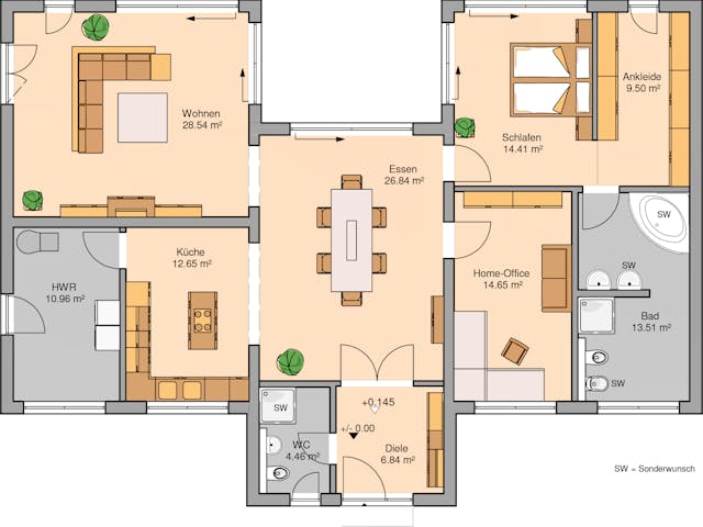 Massivhaus Bungalow Fokus von Kern-Haus Schlüsselfertig ab 495900€, Bungalow Grundriss 1 Massivhaus Bungalow Fokus von Kern-Haus Schlüsselfertig ab 495900€, Bungalow Grundriss 1