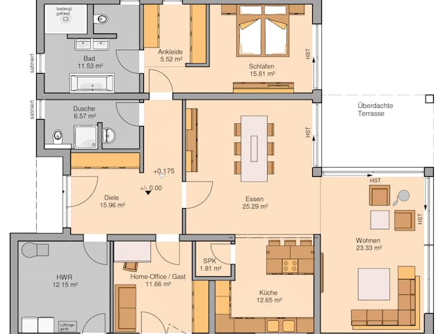 Massivhaus Bungalow Select von Kern-Haus Schlüsselfertig ab 464900€, Bungalow Grundriss 1