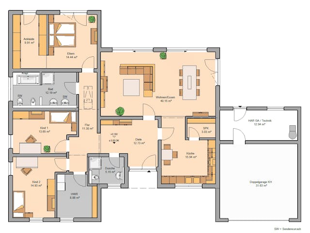 Massivhaus Bungalow Trio von Kern-Haus Schlüsselfertig ab 589900€, Bungalow Grundriss 1