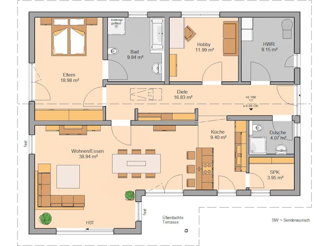 Massivhaus Bungalow Vita Pult von Kern-Haus Schlüsselfertig ab 394900€, Bungalow Grundriss 1 Massivhaus Bungalow Vita Pult von Kern-Haus Schlüsselfertig ab 394900€, Bungalow Grundriss 1