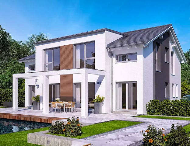 Zweifamilienhaus mit Pultdach-Querhaus & Terrassenpergola von Bien-Zenker