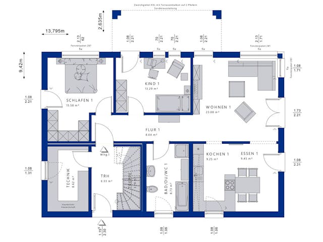 Fertighaus CELEBRATION 211 V3 von Bien-Zenker Schlüsselfertig ab 520414€, Satteldach-Klassiker Grundriss 1