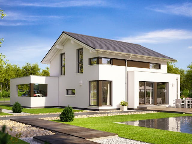 Lichtdurchflutete Erker, ein modernes Satteldach und KfW-Standard 40 plus: Schlüsselfertiges Fertighaus von Bien-Zenker