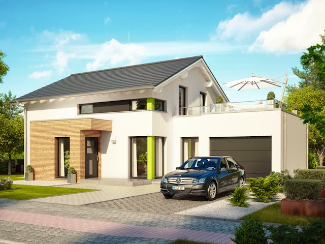 Modernes Satteldach-Fertighaus mit Garagenanbau und Dachterrasse von Bien-Zenker