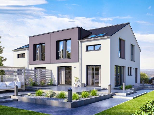 Modernes Doppelhaus-Fertighaus mit Satteldach und kubischem Zwerchgiebel von Bien-Zenker