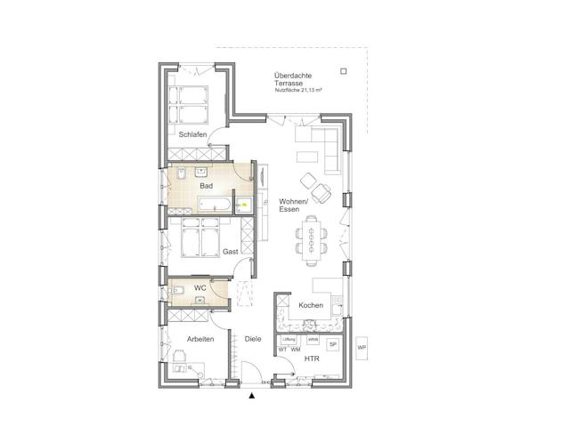 Massivhaus BUNGALOW 120-2 von Kähler Massivhaus Schlüsselfertig ab 336230€, Bungalow Grundriss 1