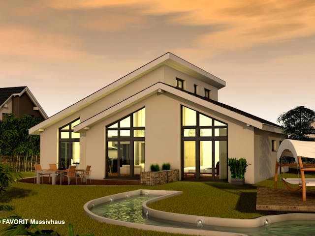 Massivhaus Chalet 132 von FAVORIT Massivhaus Schlüsselfertig ab 414390€, Bungalow Außenansicht 1 Massivhaus Chalet 132 von FAVORIT Massivhaus Schlüsselfertig ab 414390€, Bungalow Außenansicht 1