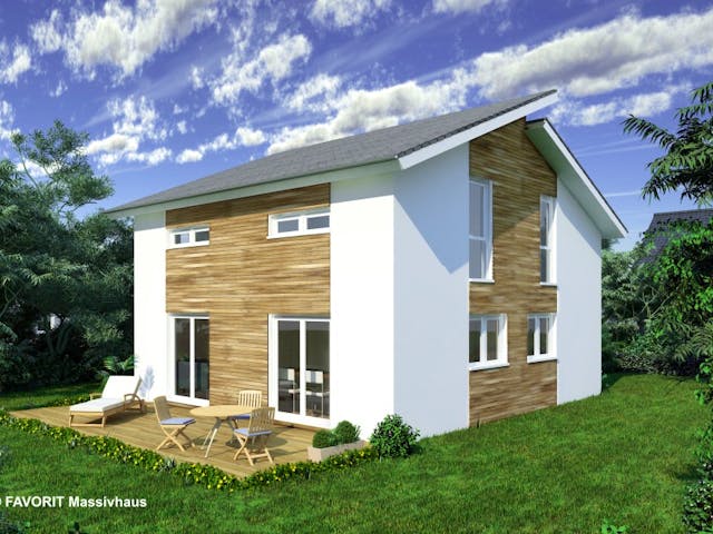 Massivhaus Creativ Sun 116 von FAVORIT Massivhaus Schlüsselfertig ab 302280€, Pultdachhaus Außenansicht 1