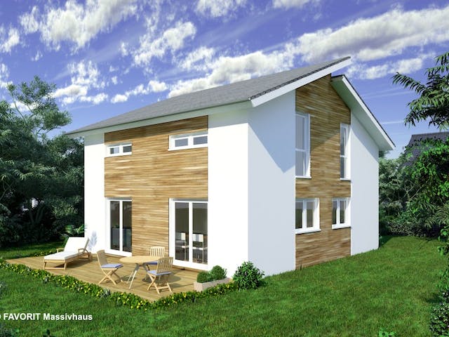 Massivhaus Creativ Sun 116 von FAVORIT Massivhaus Schlüsselfertig ab 302280€, Pultdachhaus Außenansicht 1