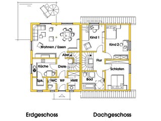 Fertighaus Kerstin 1 (KfW-Effizienzhaus 40 EE) von Dammann-Haus Schlüsselfertig ab 292900€, Satteldach-Klassiker Grundriss 1