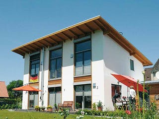 Fertighaus Petra (KfW-Effizienzhaus 40 EE) von Dammann-Haus Schlüsselfertig ab 344900€, Pultdachhaus Außenansicht 2