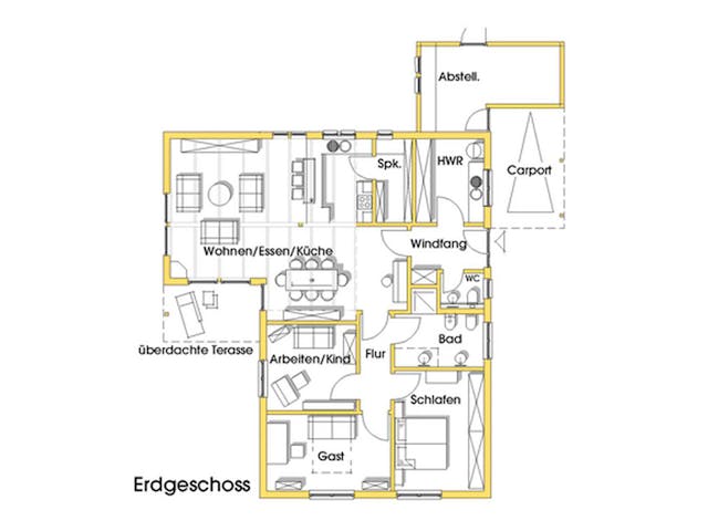 Fertighaus Rosi (KfW-Effizienzhaus 40 EE) von Dammann-Haus Schlüsselfertig ab 362500€, Bungalow Grundriss 1